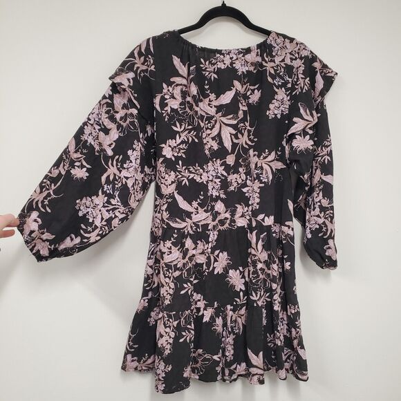 Free People Mini Dress XS Black Floral Flowy Whimsigoth Fairy Boho Ruffle - Picture 2 of 10